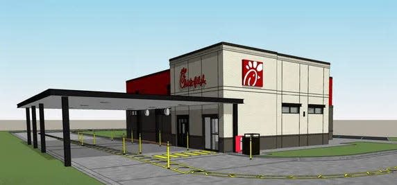 A rendering shows a prototype of Chick-fil-A's drive-thru-only restaurant in Glendale, Wisconsin. Similar restaurants have been proposed in Jacksonville and now Yulee.