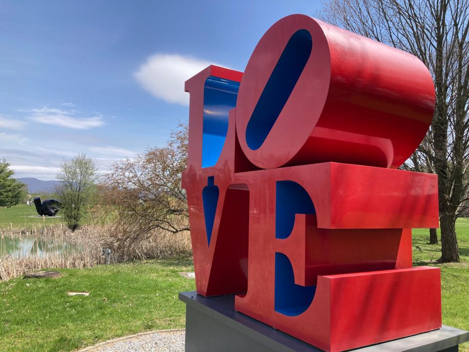 The "LOVE" sculpture designed by Robert Indiana, shown April 28, 2024 near the Mahaney Center for the Arts at Middlebury College.