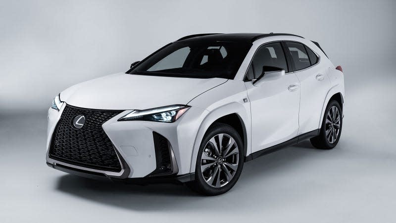 A photo of a white 2023 Lexus UX SUV. 