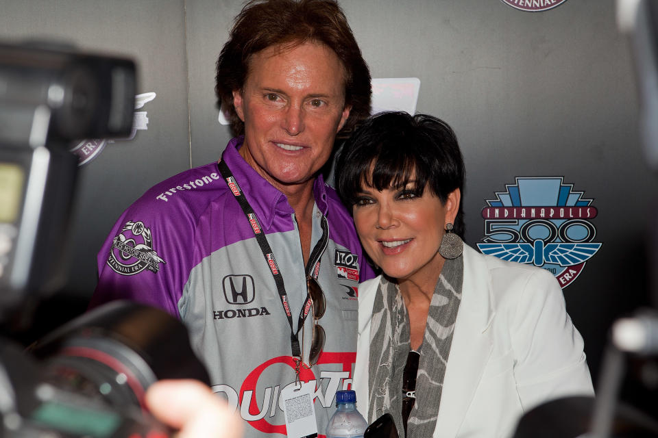 Bruce Jenner (L) and his wife Kris Jenner pose for photos in the green room before the start of the 94th running of the Indianapolis 500 at the Indianapolis Motor Speedway on May 30, 2010, in Indianapolis, Indiana. (Photo by Joey Foley/Getty Images)