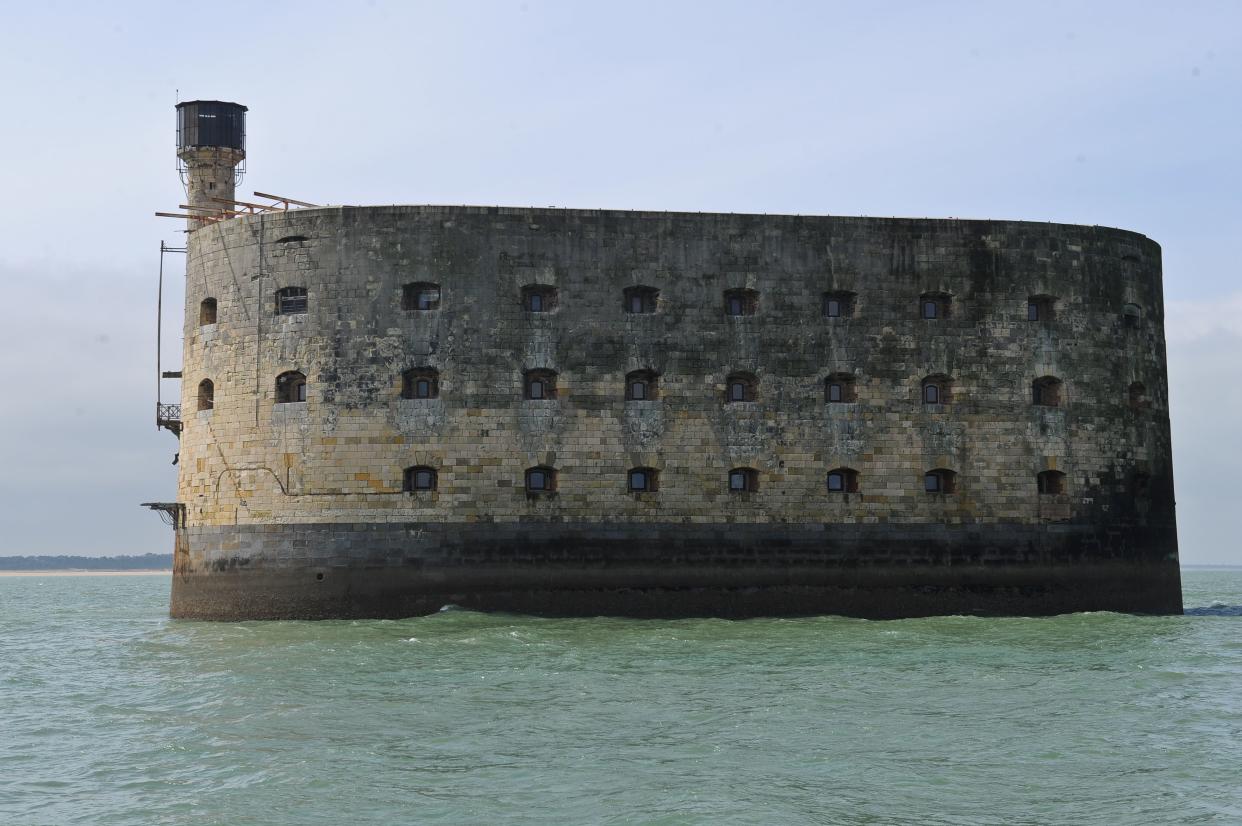 This picture taken on April 22, 2016, shows a general view of the Fort Boyard, off the western coast of France, near La Rochelle. A new access platform to the Fort Boyard was inaugurated on Friday. The Charente-Maritime county council, owner of the site, invested around 2 million euros in this work, routed from the Netherlands where it was built by the Ravestein company. / AFP / XAVIER LEOTY        (Photo credit should read XAVIER LEOTY/AFP via Getty Images)