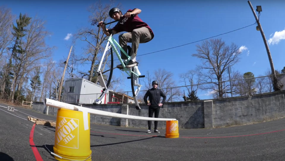 A team of BMXers created a "pogo bike" and used it for a deceivingly dangerous parking lot obstacle course.