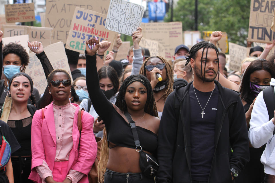  BLM demonstrators march through Oxford Street during the demonstration.
Black Lives Matter protests continue in The UK since the death of George Floyd at the hands of police officer in Minneapolis. (Photo by David Mbiyu / SOPA Images/Sipa USA) 