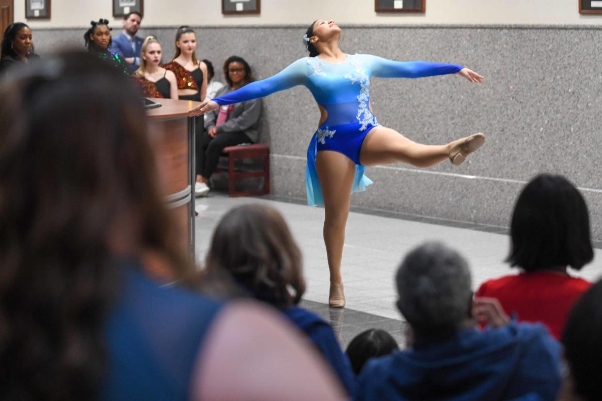 Abigail Bubbeck performs her routine during the third 'Celebrate Black History Month' celebration inside Jackson City Hall in Jacskon, Tenn., on Friday, Feb. 16, 2024.