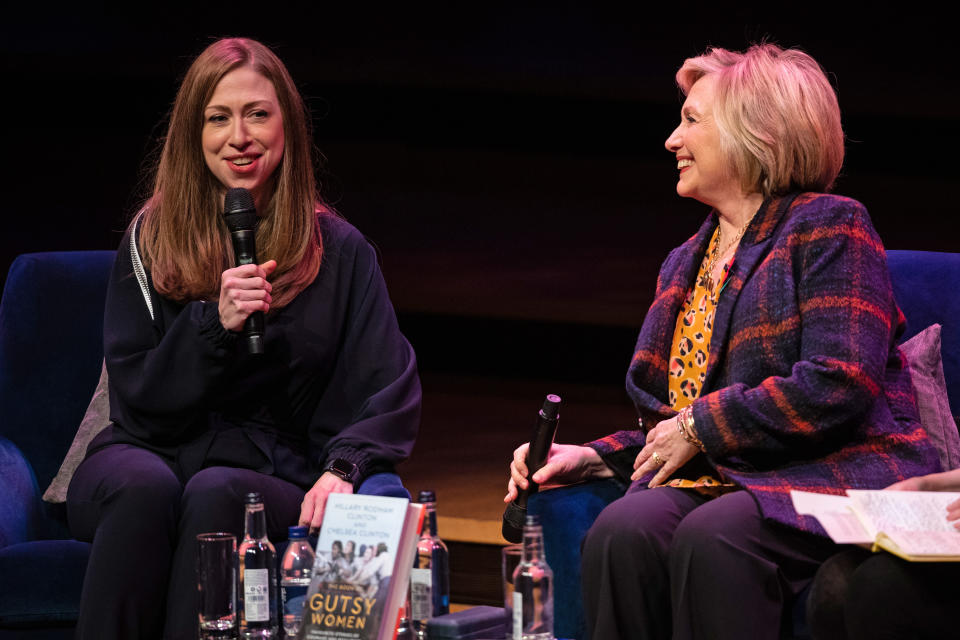 Chelsea Clinton (left) and Hillary Clinton at the Southbank Centre in London at the launch of Gutsy Women: Favourite Stories of Courage and Resilience a book by Chelsea Clinton and Hillary Clinton about women who have inspired them. (Photo by Aaron Chown/PA Images via Getty Images)