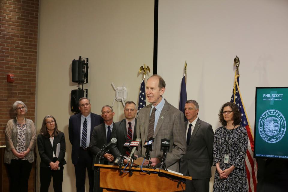 Vermont Health Commissioner Dr. Mark Levine speaks at a news conference Monday June 14, 2021 in Montpelier, Vt. On Monday Gov. Phil Scott announced that the state had reached its goal of vaccinating 80% of the eligible population. As a result Scott lifted all remaining COVID-19 restrictions that were imposed to deal with the pandemic.