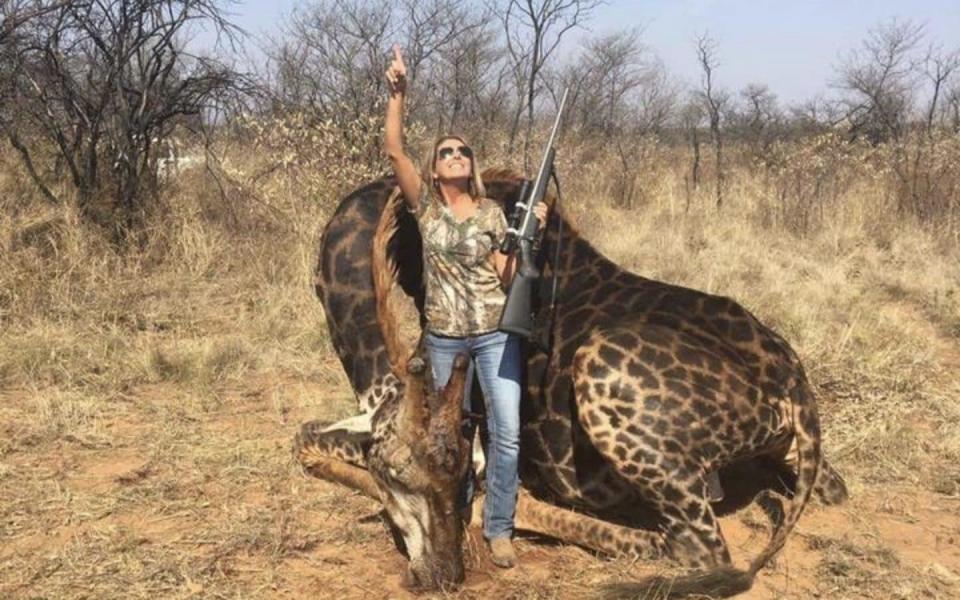 Una cazadora estadonidense posa frente a una jirafa que acaba de matar en Sudáfrica (T<span>The Telegraph)</span>