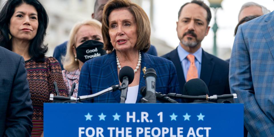 House Speaker Nancy Pelosi, members of Congress, and Texas state legislators speak in support of the For the People Act