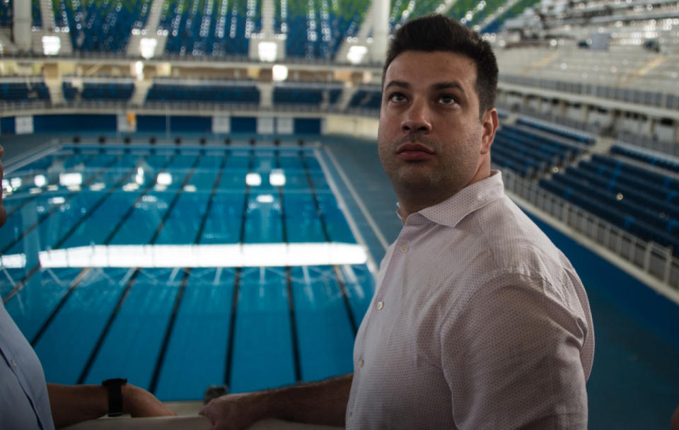 The Sports minister in Brazil’s new interim government, Leonardo Picciani, visits the Olympic Aquatics Stadium at the Olympic Park in Rio de Janeiro, Brazil. 