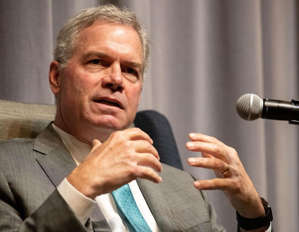 Bryan Jordan, president and CEO of First Horizon, speaks about the proposed merger with TD Bank during a luncheon on Aug. 1, 2022, at the Holiday Inn University of Memphis. The proposed deal has fallen apart.