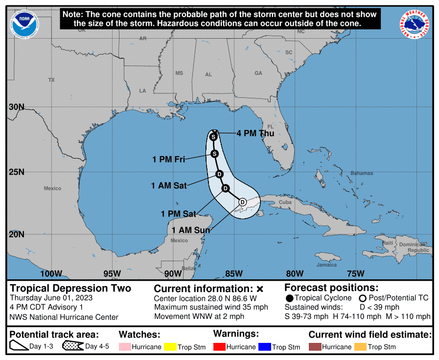 The predicted forecast track of the system shows it moving south over the Gulf of Mexico for the next couple of days.