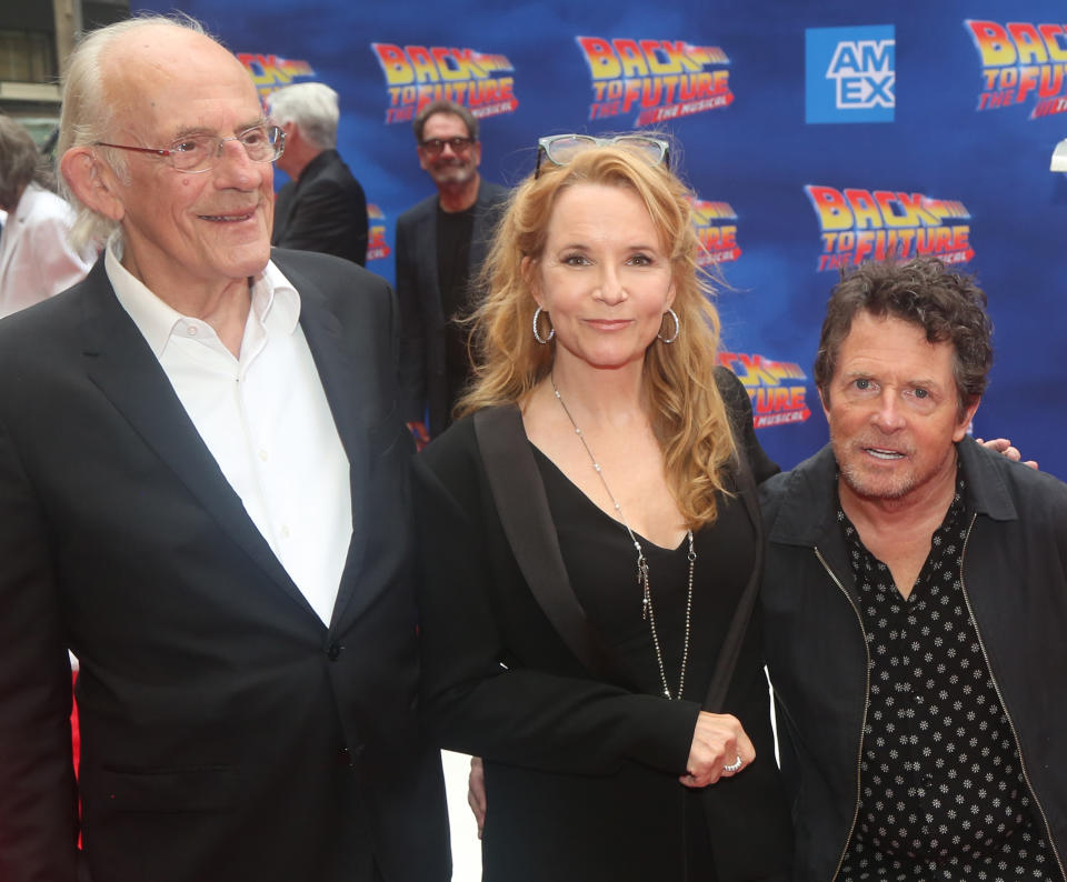 NEW YORK, NEW YORK - JULY 25: (L-R) Christopher Lloyd, Lea Thompson and Michael J. Fox pose at the Michael J. Fox Foundation opening night gala performance 