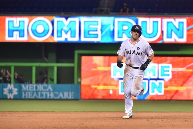J.T. Realmuto of the Miami Marlins rounds second base after hitting a walk-off home run in the 10th inning against the New York Mets on Tuesday. (Getty Images)