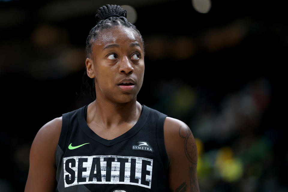 SEATTLE, WASHINGTON - JUNE 29: Jewell Loyd #24 of the Seattle Storm looks on during the third quarter against the Minnesota Lynx at Climate Pledge Arena on June 29, 2023 in Seattle, Washington. (Photo by Steph Chambers/Getty Images)