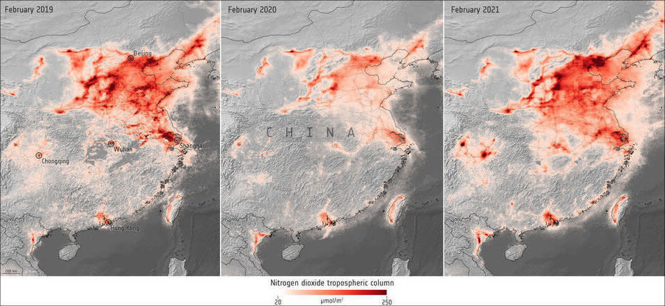 Nitrogen dioxide levels in China in February of 2019, 2020, and 2021. European Space Agency