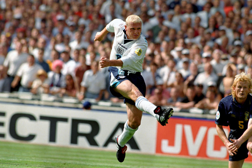 Paul Gascoigne scores England's second goal against Scotland at Euro 96. (PA Images via Getty Images)