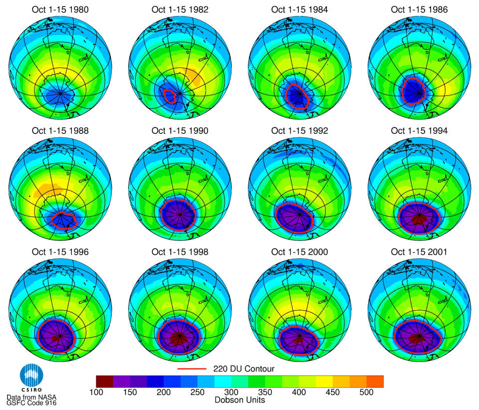 The hole in the ozone layer above Antarctica is seen in a series of satellite images over a 21-year time span. The hole may actually close within 50 years as the level of destructive ozone-depleting CFCs in the atmosphere is now declining, one of the world's leading atmospheric scientist [Paul Fraser] from the Australian government's Commonwealth Scientific and Industrial Research Organisation (CSIRO) said on September 17, 2002. [Fraser said he had measured a decline in ozone-destroying gases since 2000.
? EDITORIAL USE ONLY