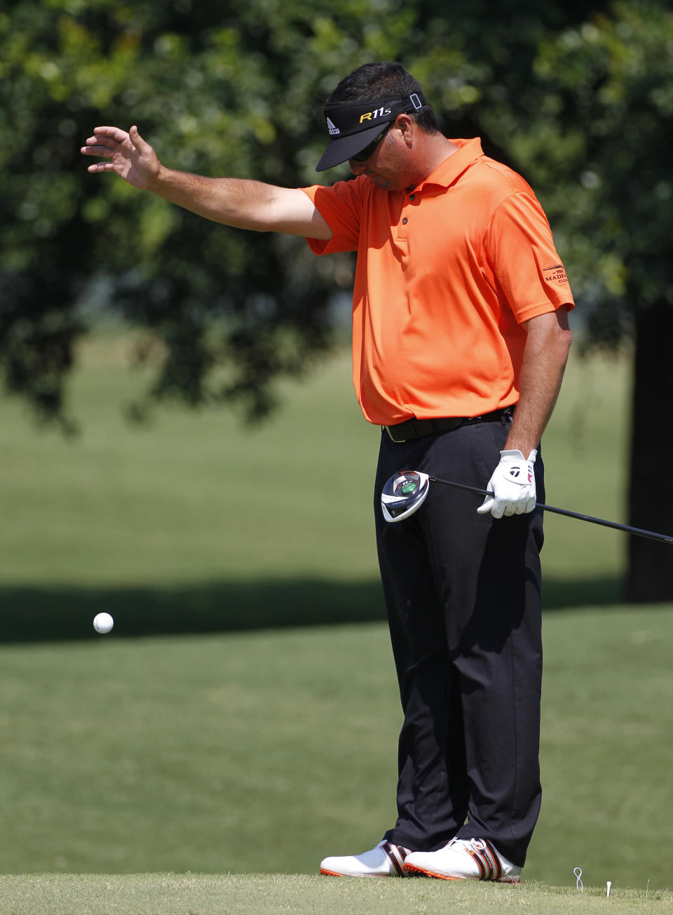 Pat Perez takes a drop on the edge of the fourth green during the second round of the PGA Byron Nelson Championship golf tournament Friday, May 18, 2012, in Irving, Texas. (AP Photo/Tony Gutierrez)