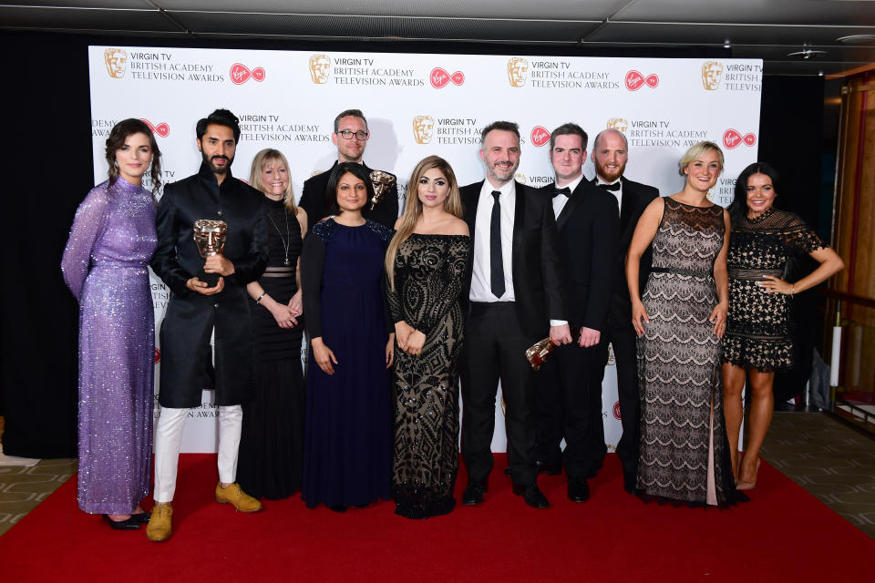 Reality and Constructed Factual Presented by Aisling Bea (left) and Scarlett Moffatt (right) with Winners Muslims Like Us in the press room at the Virgin TV British Academy Television Awards 2017 held at Festival Hall at Southbank Centre, London. PRESS ASSOCIATION Photo. Picture date: Sunday May 14, 2017. See PA story SHOWBIZ Bafta. Photo credit should read: Ian West/PA Wire