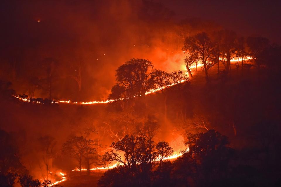 The Marsh Fire, shown burning on a hillside in Brentwood, is one of 29 active wildfires in California, according to the state's Department of Forestry and Fire Protection.