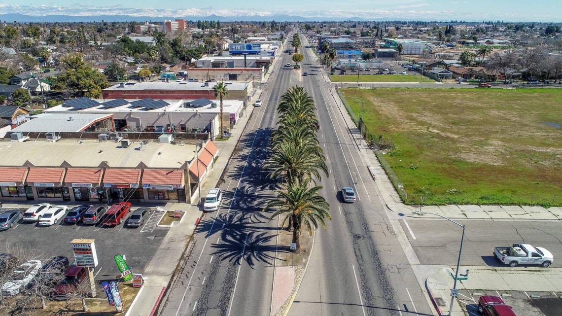 Palm trees line the median at Ventura Avenue looking east from Seventh Avenue toward Kings Canyon Road and southeast Fresno on Thursday, March 2, 2023.