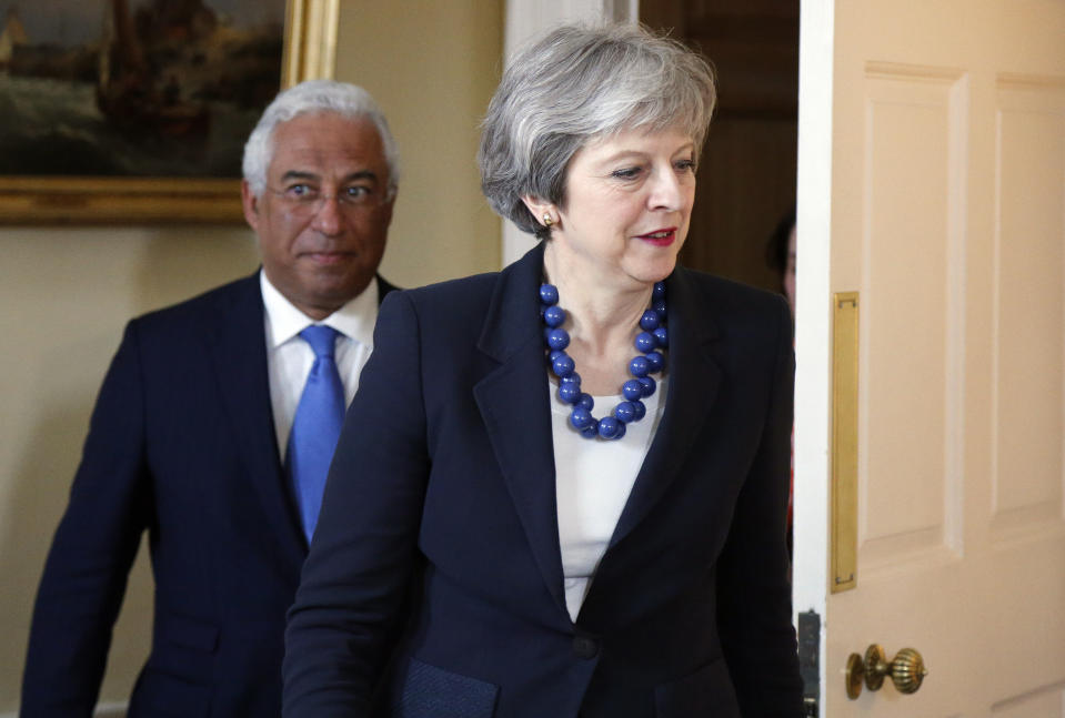 <em>“Reprehensible” – Theresa May (pictured here welcoming the Prime Minister of Portugal, Antonio Costa, to Downing Street) has said the reports of a chemical attack in Syria are “utterly reprehensible” (Picture: AP)</em>