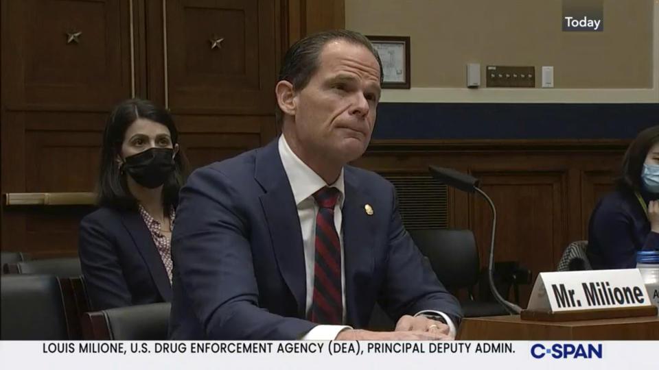 FILE - In this image from video provided by C-SPAN, Louis Milione, the U.S. Drug Enforcement Administration's deputy administrator, speaks during a hearing held by the House Energy and Commerce Subcommittee on Health in Washington on Dec. 2, 2021. Milione, the DEA’s second-in-command, quietly resigned in 2023, amid reporting by The Associated Press that he previously consulted for a pharmaceutical distributor sanctioned for a deluge of suspicious painkiller shipments and did similar work for the drugmaker that became the face of the opioid epidemic: Purdue Pharma. (C-SPAN via AP, File)