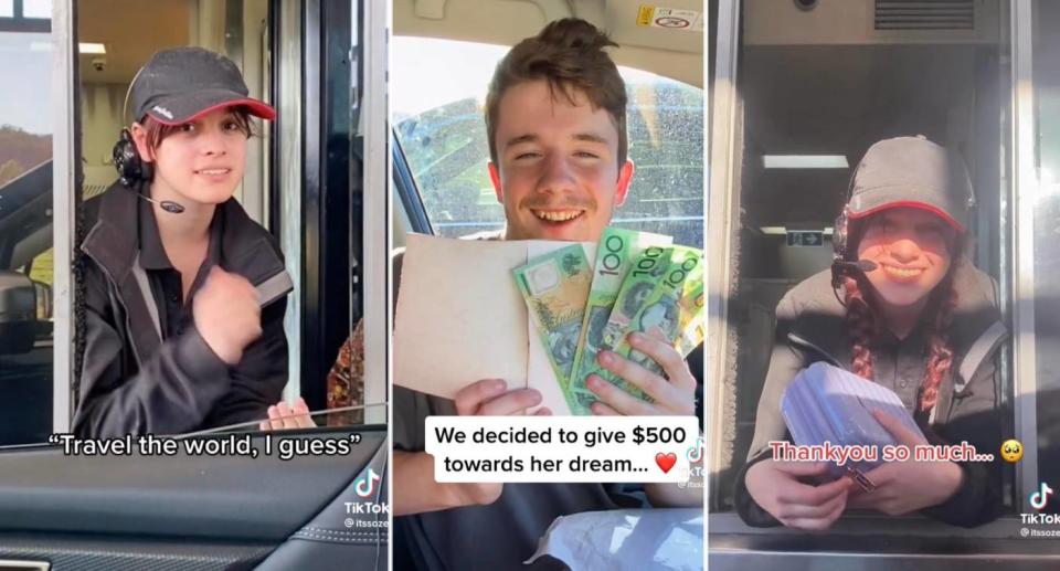 Stills from TikTok video of KFC staffer being surprised with cash