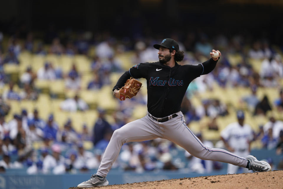 Miami Marlins relief pitcher Andrew Nardi throws during the seventh inning in the first baseball game of a doubleheader against the Los Angeles Dodgers, Saturday, Aug. 19, 2023, in Los Angeles. (AP Photo/Ryan Sun)