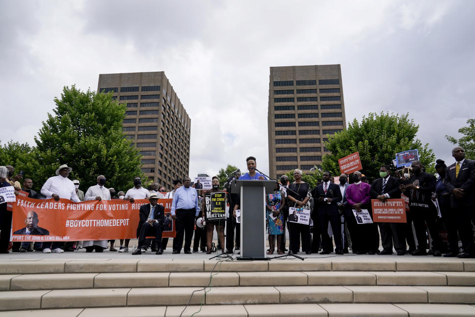 Bernice King, daughter of slain civil rights leader Rev. Martin Luther King Jr., speaks during a voting rights rally at Liberty Plaza near the Georgia State Capitol on Tuesday, June 8, 2021, in Atlanta. (AP Photo/Brynn Anderson)