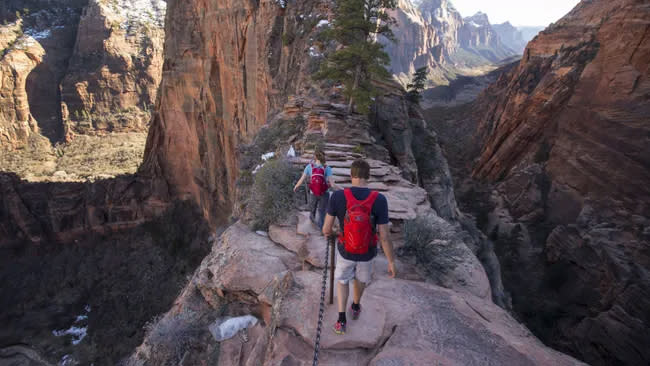  Why do so many people die at Angel's Landing?: hikers going up ridge. 