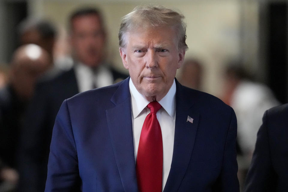 Former President Donald Trump arrives at Manhattan criminal court, Thursday, Feb. 15, 2024, in New York. Trump is expected to be back in a New York court Thursday for a hearing that could decide whether the former president’s first criminal trial begins in just 39 days. (AP Photo/Mary Altaffer)