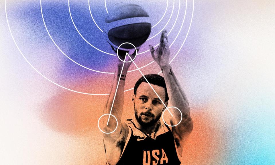 <span><a class="link " href="https://sports.yahoo.com/nba/players/4612/" data-i13n="sec:content-canvas;subsec:anchor_text;elm:context_link" data-ylk="slk:Stephen Curry;sec:content-canvas;subsec:anchor_text;elm:context_link;itc:0">Stephen Curry</a> is renowned for his three-point marksmanship in the NBA – ‘everything before the shot leaves his hand is always the same’.</span><span>Composite: Guardian Design/AP</span>