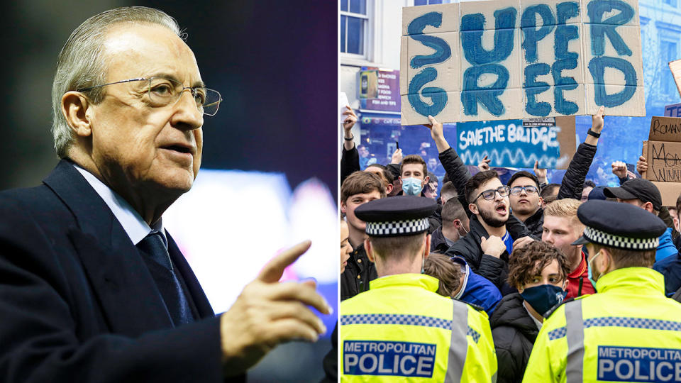 Seen here, Real Madrid president Florentino Perez and fans protesting the Super League.