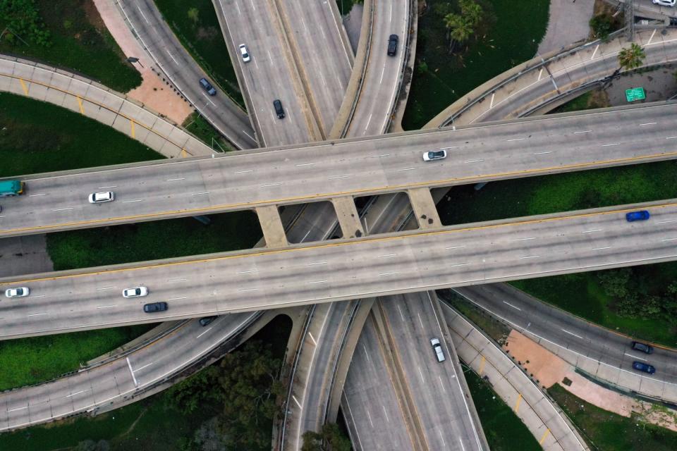 Overhead view of the 101 and 110 freeway interchange with very little traffic.