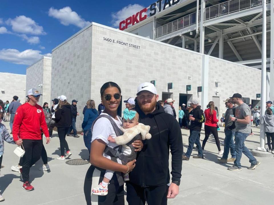 Aja James Radel and Matt Radel brought their daughter, 8-month-old Rory, to the first Kansas City Current match at CPKC Stadium.