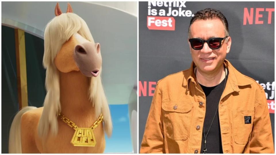 Side by side images of the animated horse Danny Stallion from Thelma the Unicorn and voice actor Fred Armisen
