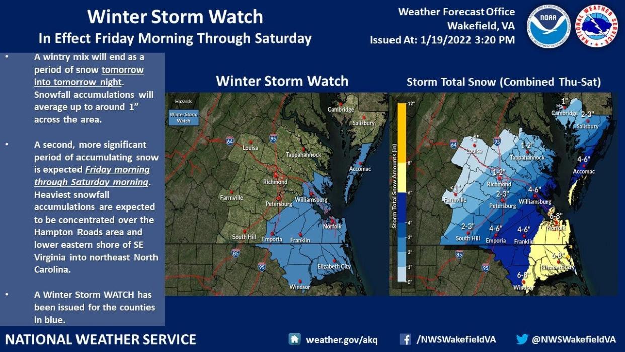 These National Weather Service images show the expected path and snow accumulations from the winter storm Friday evening.