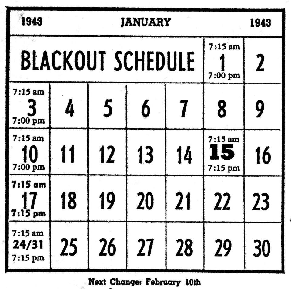 A printed schedule for Hawaii&rsquo;s very strict nightly blackout, which began Dec. 7, 1941, and was gradually eased until it was eliminated in 1944.