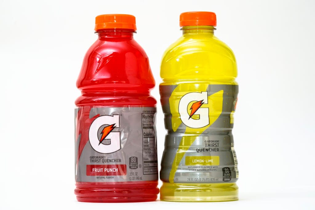 Bottles of Gatorade are pictured, left, a 32 fluid ounce and 28 fluid ounce, in Glenside, Pa., Monday, June 6, 2022. (AP Photo/Matt Rourke)