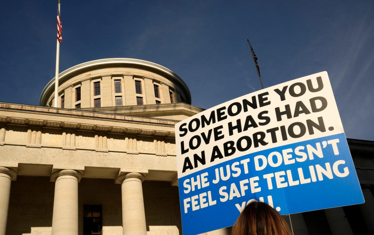 Hundreds of people rallied at the Ohio Statehouse and marched through downtown Columbus in support of abortion after the Supreme Court overturned Roe v. Wade on Friday, June 24, 2022.
