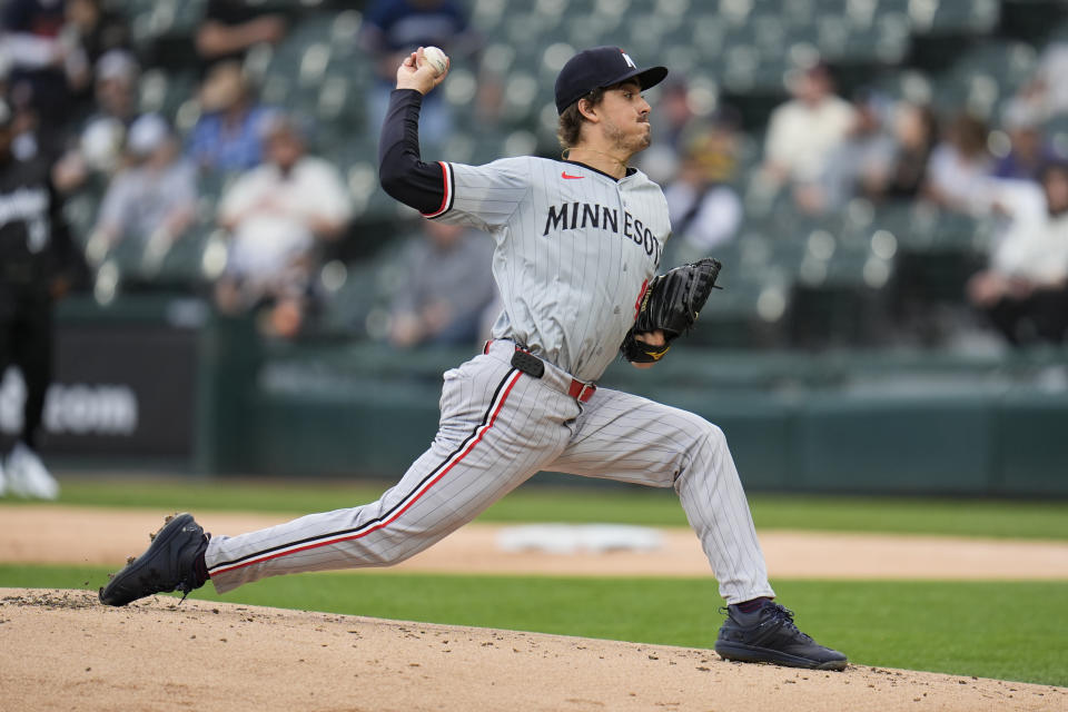 Minnesota Twins starting pitcher Joe Ryan throws against the Chicago White Sox during the first inning of a baseball game Monday, April 29, 2024, in Chicago. (AP Photo/Erin Hooley)