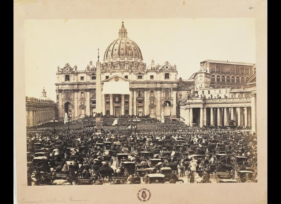 The convening of the First Vatican Council, which met in the shadow of the annexation of Rome by Victor Emmanuel, was the last great manifestation of Papal Rome.    (Photo: Pio Nono's blessing at St Peter's during the First Vatican Ecumenical Council, December 1869.)