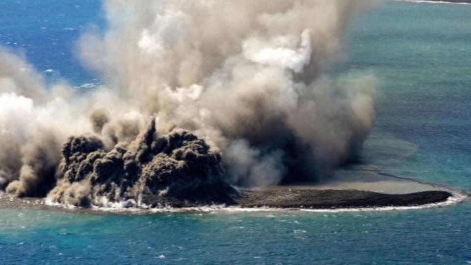 A close up of the new island that formed after a volcanic eruption.