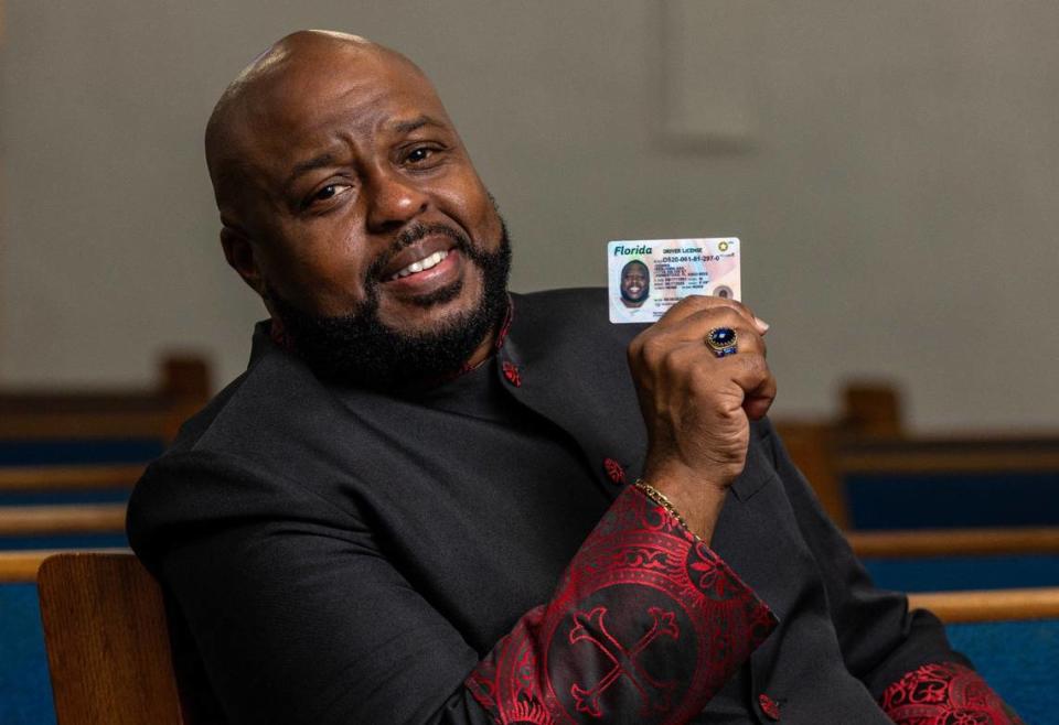 Center of Hope Church Pastor Benjamin Downs, 42, strikes a pose at Center of Hope Church on Thursday, June 6, 2024, in Miami, Fla.