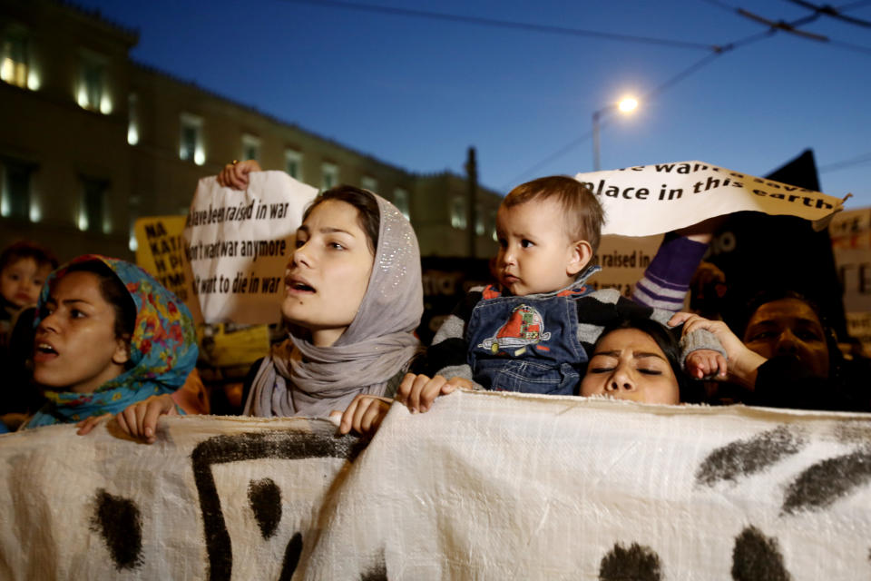 Migrant women from Syria and Afghanistan march outside the Parliament with their children. Around 2,000 refugees and migrants from Asia, along with Greek supporters, protested against the migration agreement between the European Union and Turkey <a href="http://www.aljazeera.com/news/2016/04/protests-greece-turkey-eu-refugee-deal-160403162049390.html" target="_blank">that would send refugees from Greece to Turkey.</a>