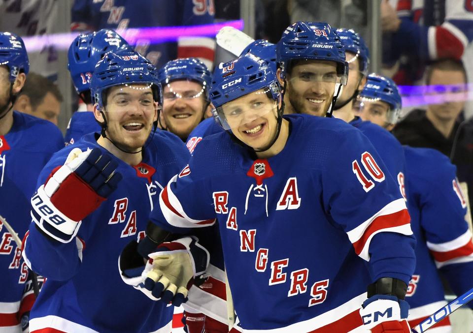 NEW YORK, NEW YORK - APRIL 13: Artemi Panarin #10 of the New York Rangers celebrates victory over the New York Islanders at Madison Square Garden on April 13, 2024 in New York City. (Photo by Bruce Bennett/Getty Images)