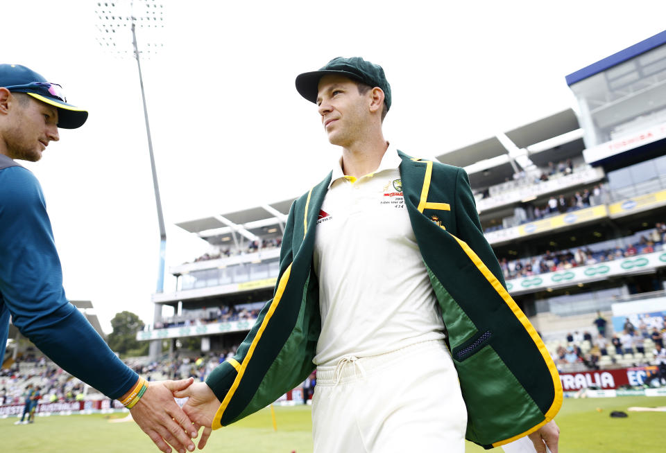 BIRMINGHAM, ENGLAND - AUGUST 01: Tim Paine of Australia greets Cameron Bancroft of Australia as he walks out for the coin toss during Day One of the 1st Specsavers Ashes Test between England and Australia at Edgbaston on August 01, 2019 in Birmingham, England. (Photo by Ryan Pierse/Getty Images)