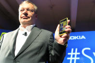 NEW YORK, NY - SEPTEMBER 05: In a joint event with Microsoft, Nokia Chief Executive Stephen Elop introduces the new Nokia Lumia 920 and 820 Windows smartphone on September 5, 2012 in New York City.The new Nokia phones are the first first smartphones built for Windows 8. Analysts see the new phones as Nokia's last chance to compete with fellow technology companies Apple and Samsung in the lucrative smartphone market. (Photo by Spencer Platt/Getty Images)