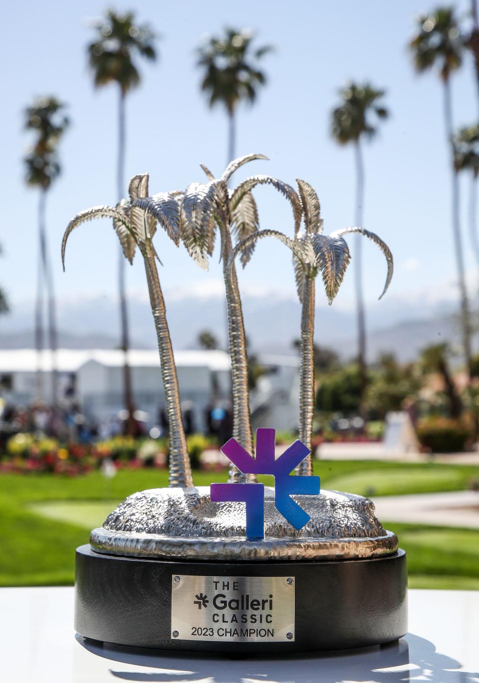 The Galleri Classic trophy awaits the winner at Mission Hills Country Club in Rancho Mirage, March 24, 2023.